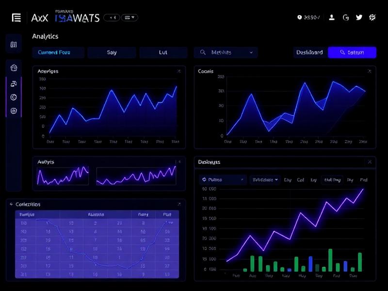 Painel de analytics escuro com gráficos